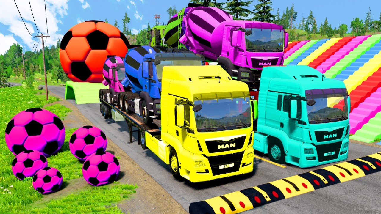 Flatbed Trailer McQueen Transportation with Truck - Speedbumps vs Cars vs Train - BeamNG.Drive #12