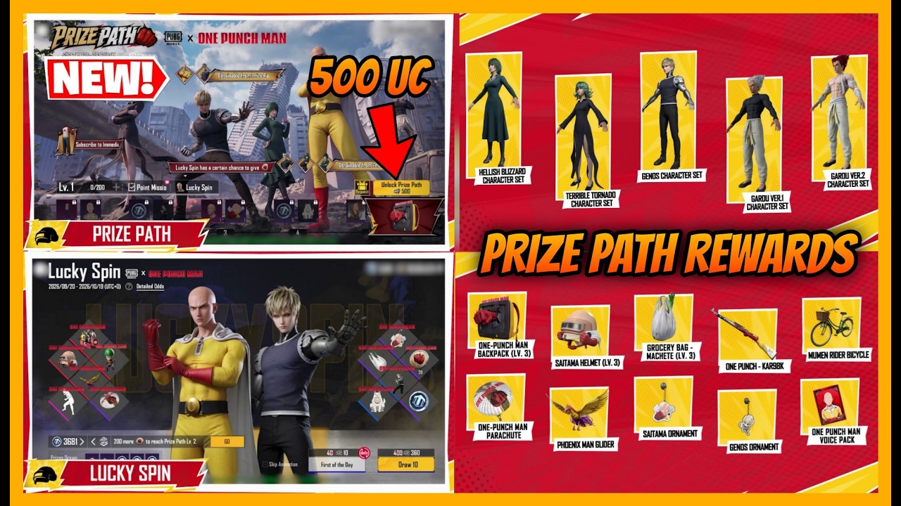 🔥ONE PUNCH MAN PRIZE PATH REWARDS AND LUCKY COINS l PRIZE PATH IN 500 UC (BGMI)
