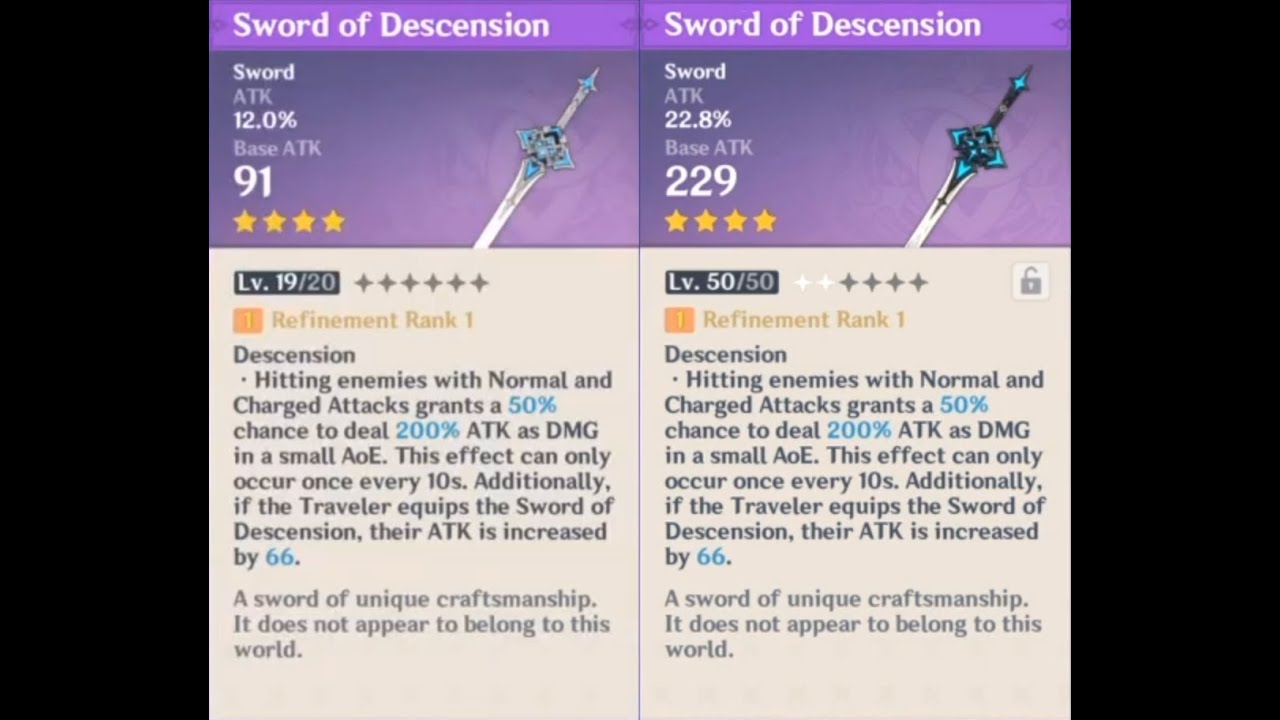 Sword of Descension weapon appearance base vs. ascended in Genshin Impact
