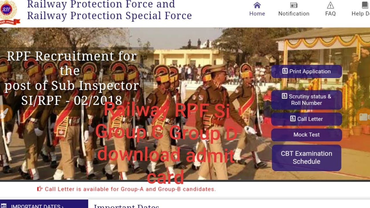 Railway RPF Si Group C Group D download admit card