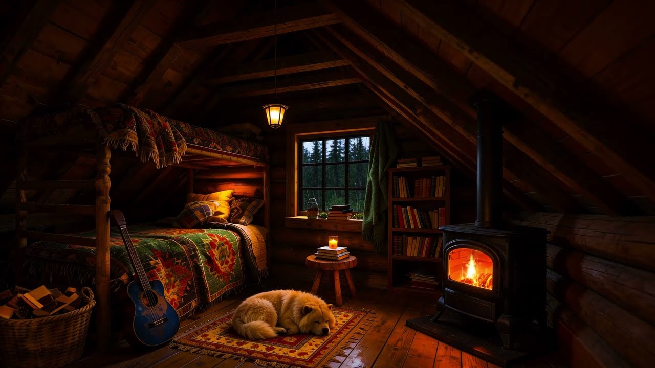 Relaxing Cabin Rainy Night for Deep Sleep ⛈️ Rain, Fire Crackling & Cute Dog