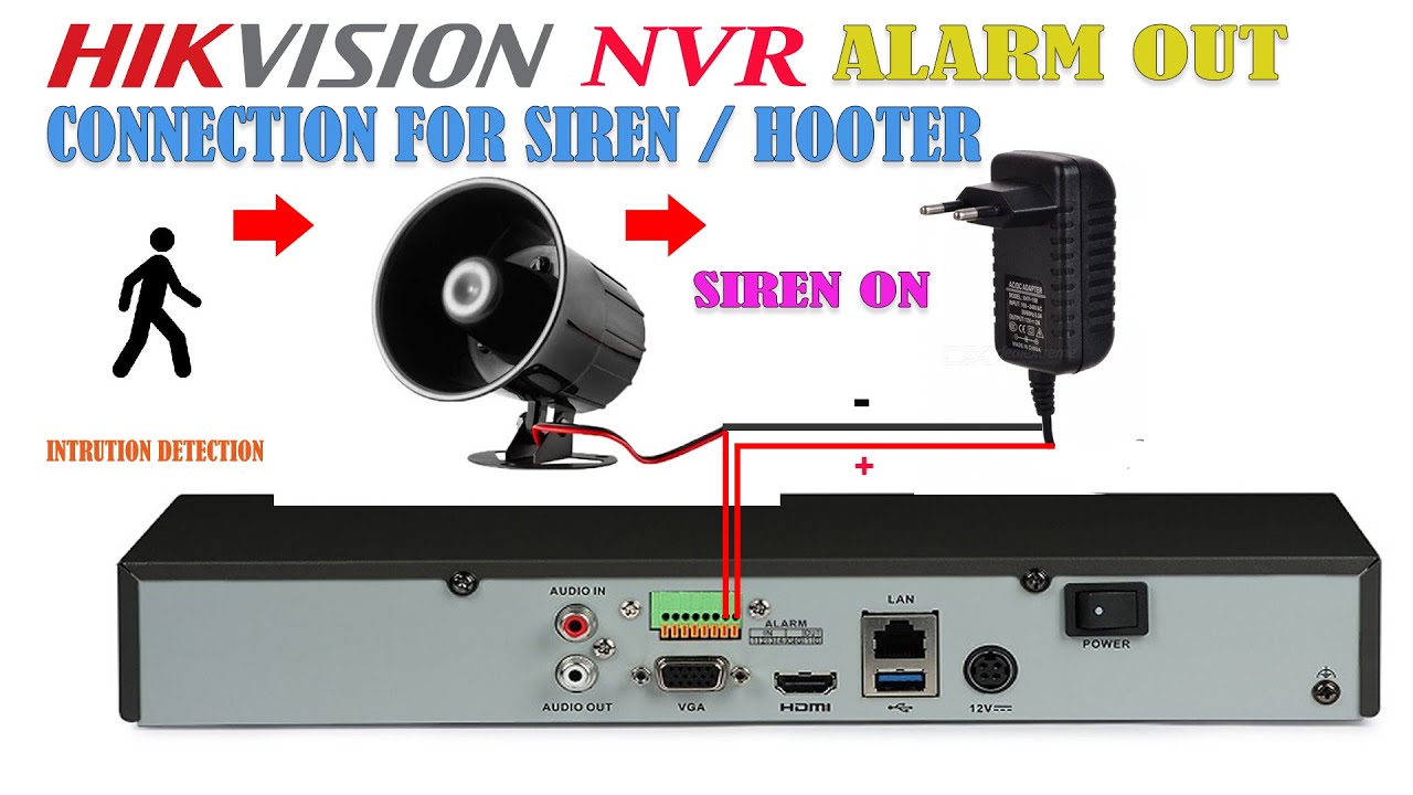 Hikvision NVR Alarm out Wiring, connect Siren or hoot make noise when motion detect / event happaned