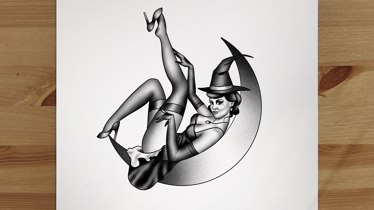 How to Draw a Girl Witch Sitting on the Moon Pin Up | 2 | Step by Step Drawing | Easy way to Draw