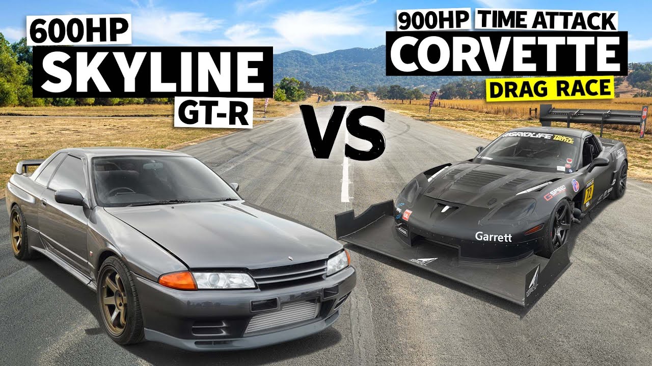600hp R32 Skyline GT-R vs 900hp Time Attack Z06 Corvette — No Prep Drag Race