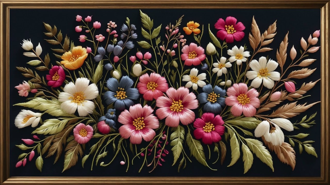 Wildflower embroidery design on dark background 4k Frame TV art #frametvart #tvartgallery #tvart