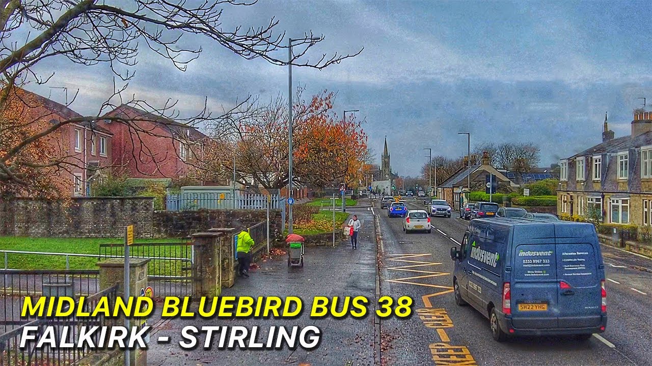Afternoon Scottish Bus Ride from Falkirk to Stirling | Midlands Bluebird Route 38 | Scotland 4K
