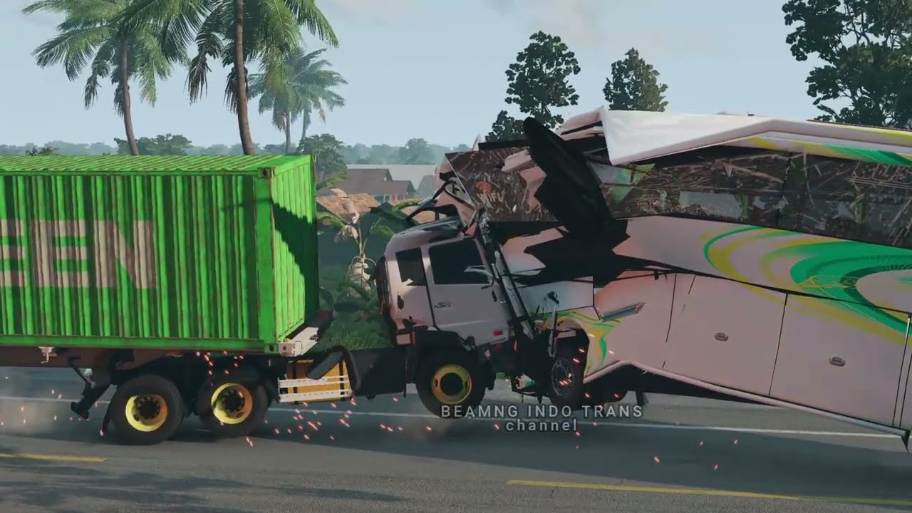 Bus oleng tabrak dua Truk Tronton, game Beamng drive
