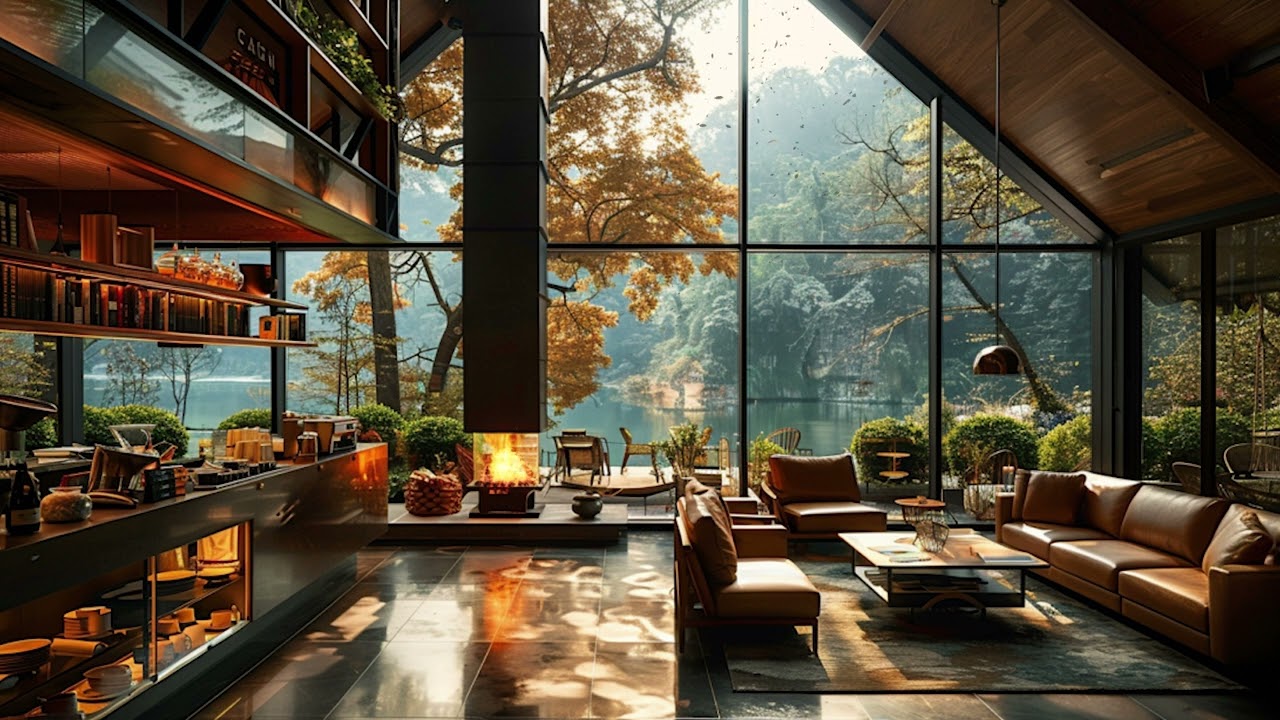 Nature Lake View at Relaxing Caf&eacute; Workspace Ambience ☕Smooth Jazz Music for Study, Work & Focus