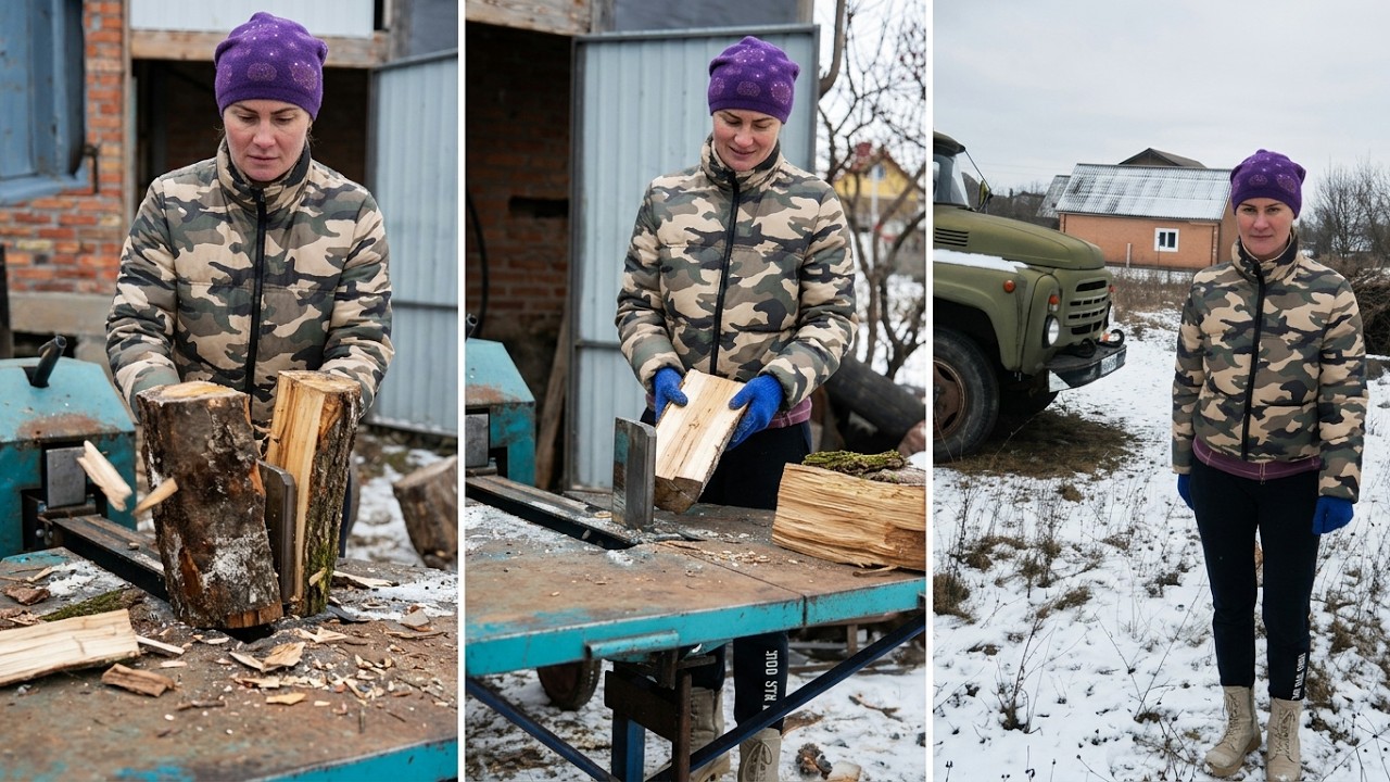 Hard Winter Work Alone: Woman Processing Firewood on a Rustic Homestead