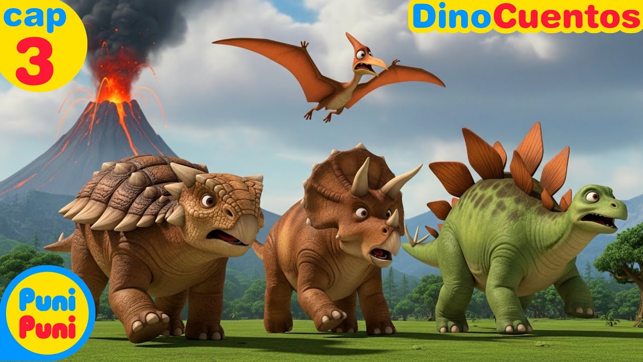 Los DINOSAURIOS y el VOLC&Aacute;N 🦖🦕🌋 Canci&oacute;n de DINOSAURIOS para ni&ntilde;os 🦖 #DinoCuentos 3 🦖 Puni Puni