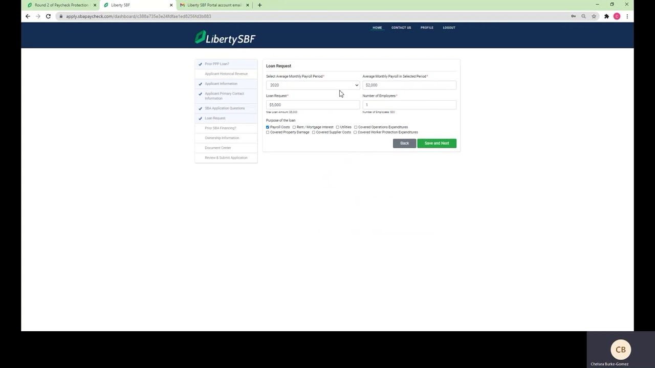 Applying for a PPP Loan application with Liberty SBF Step 4: SBA Qualifications & Loan Request