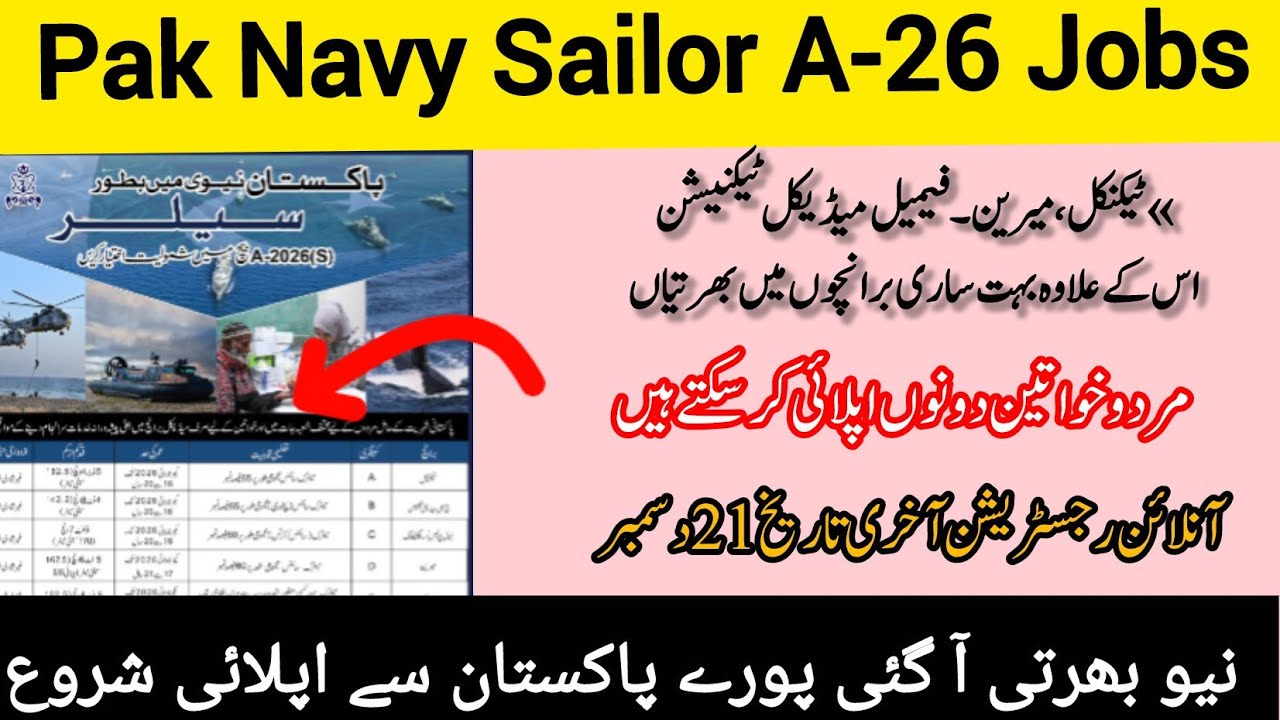 Pak Navy Sailor A-2026 Jobs |  2026 | Online Registration | Technical & Marine Branch Jobs