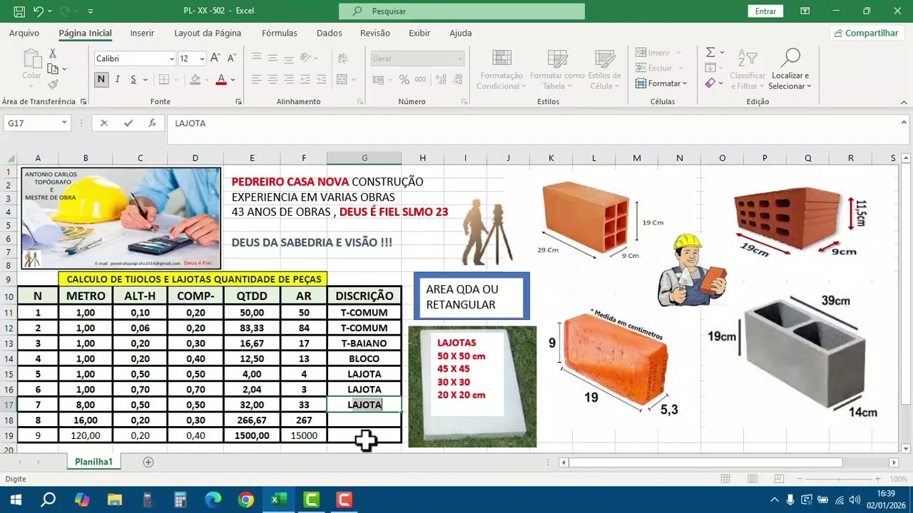 PLANILHA DE CALCULO DE TIJOLO NO EXCEL 1 2 2026 DEUS É FIEL