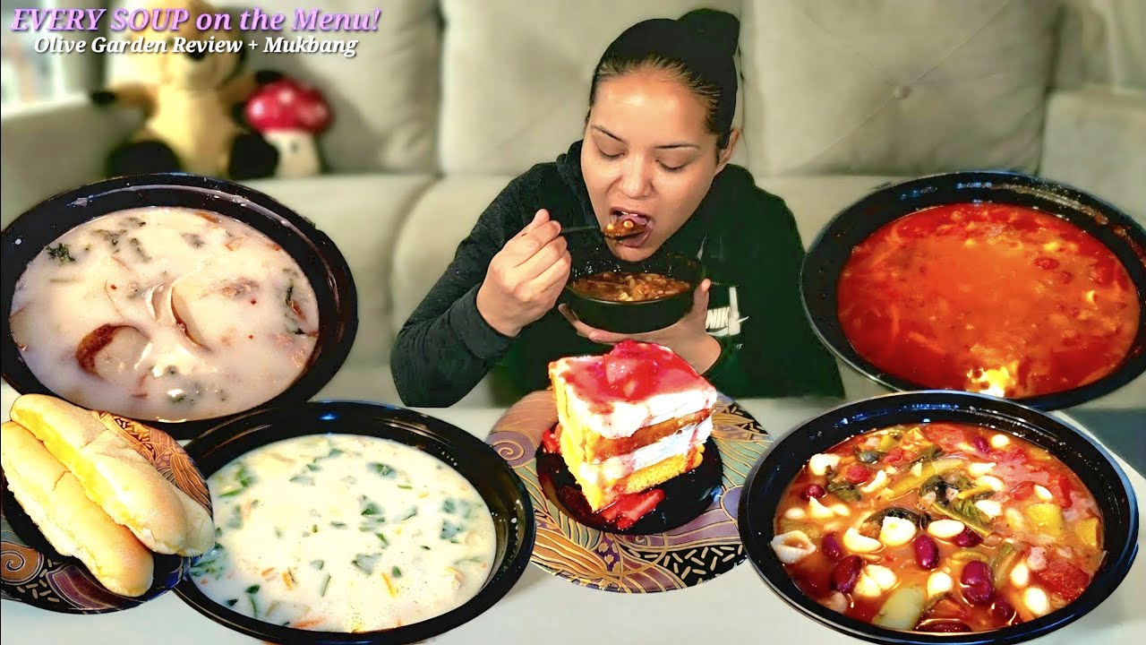 EVERY SOUP on the Olive Garden Menu and Strawberry Cream Cake Mukbang
