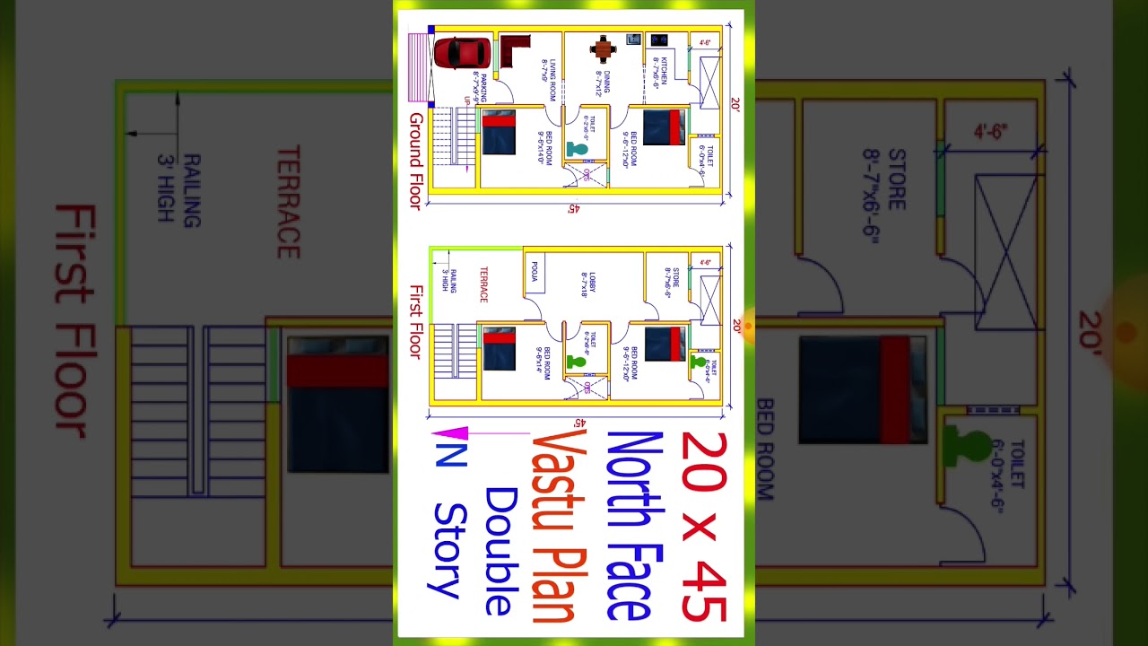 20x45 Feet North Face Vastu Home Plan // 900sqft modern house design //  double story home design //
