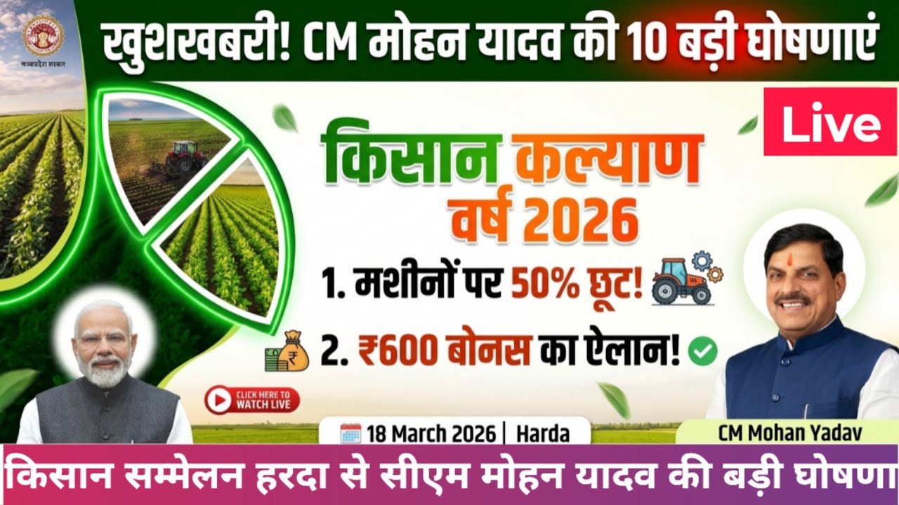 MP में किसानों की मौज! ₹600 बोनस और खेती की मशीनों पर 50% छूट - CM Mohan Yadav Live