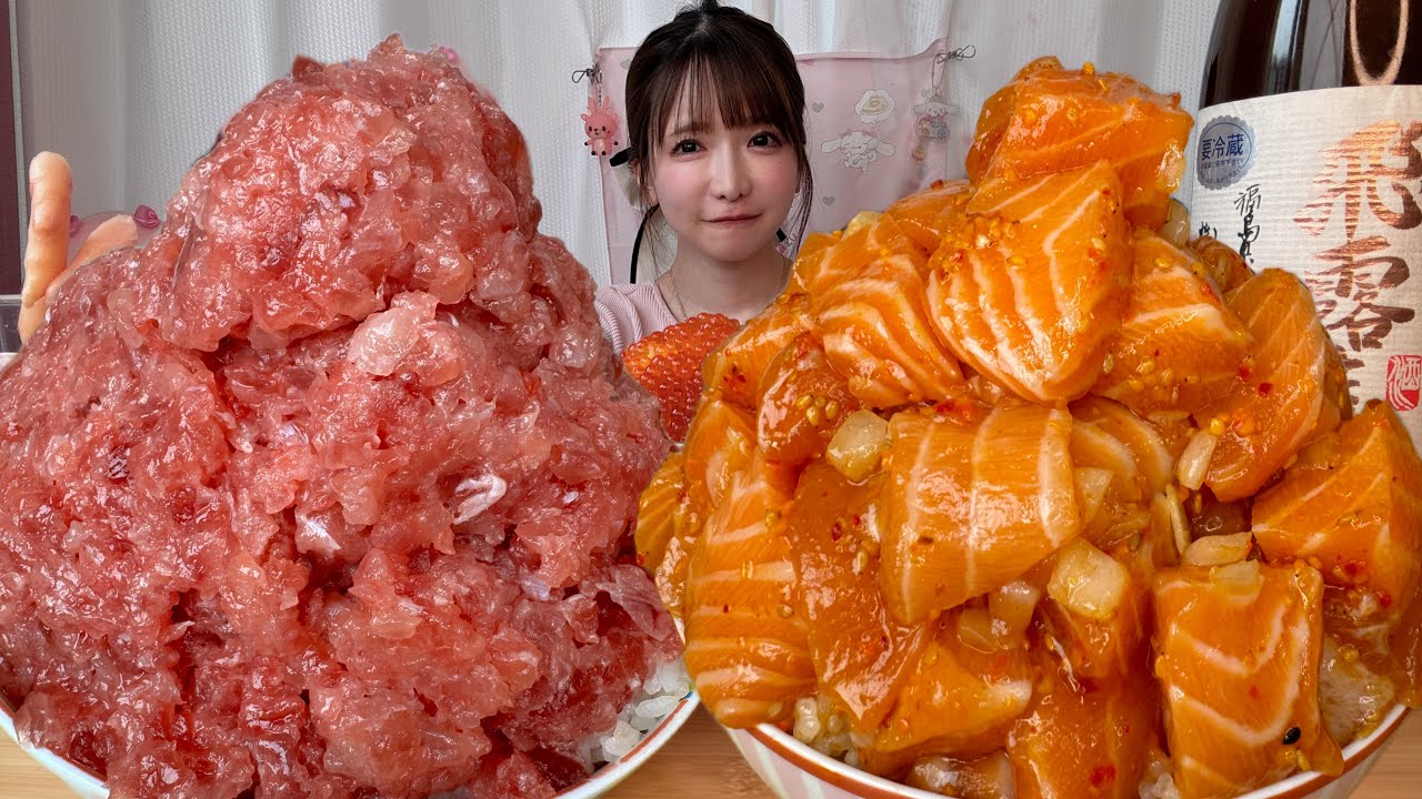 【大食い】サーモンねぎとろ丼【もえあず】