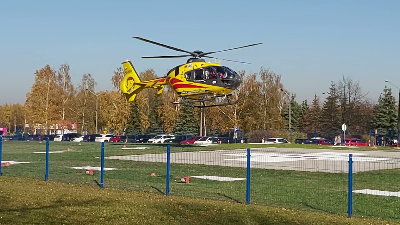 Helikopter ratunkowy Szpital Parkitka w Częstochowie.Start śmigłowca.