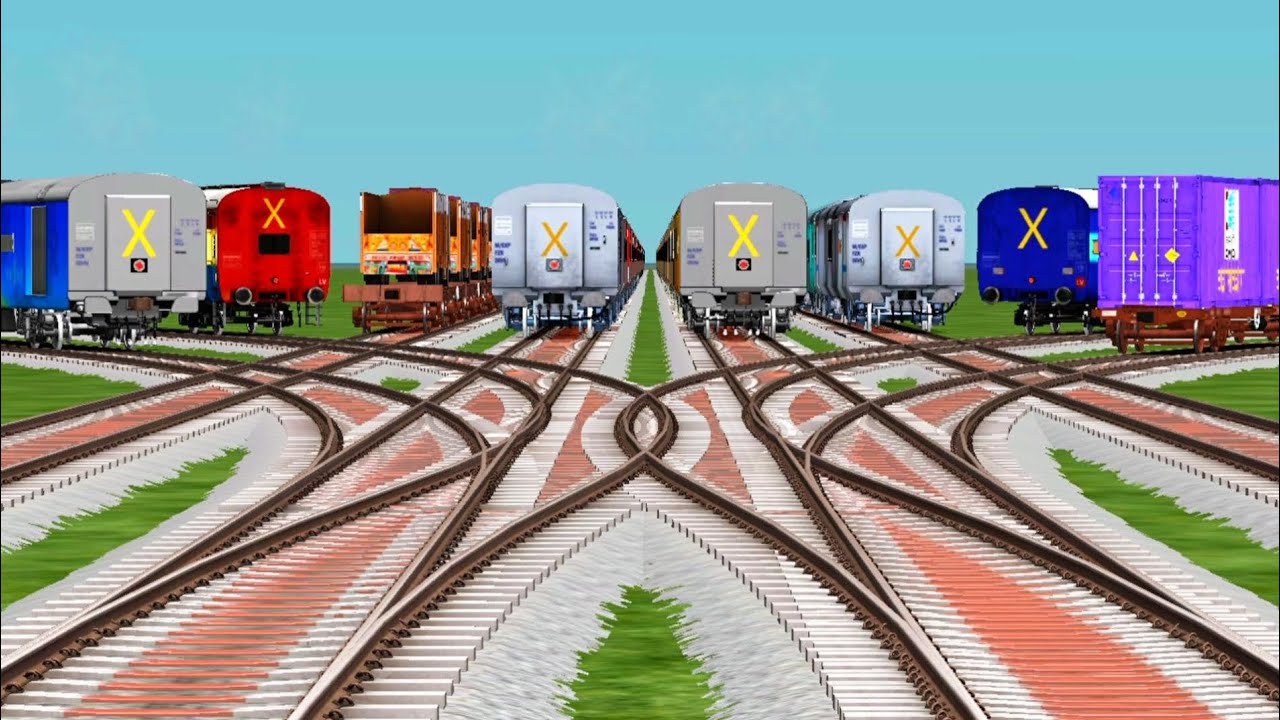 8 Trains Back To Back Crossing By Bumpy Forked Railroad Tracks || train gameplay || train simulator 