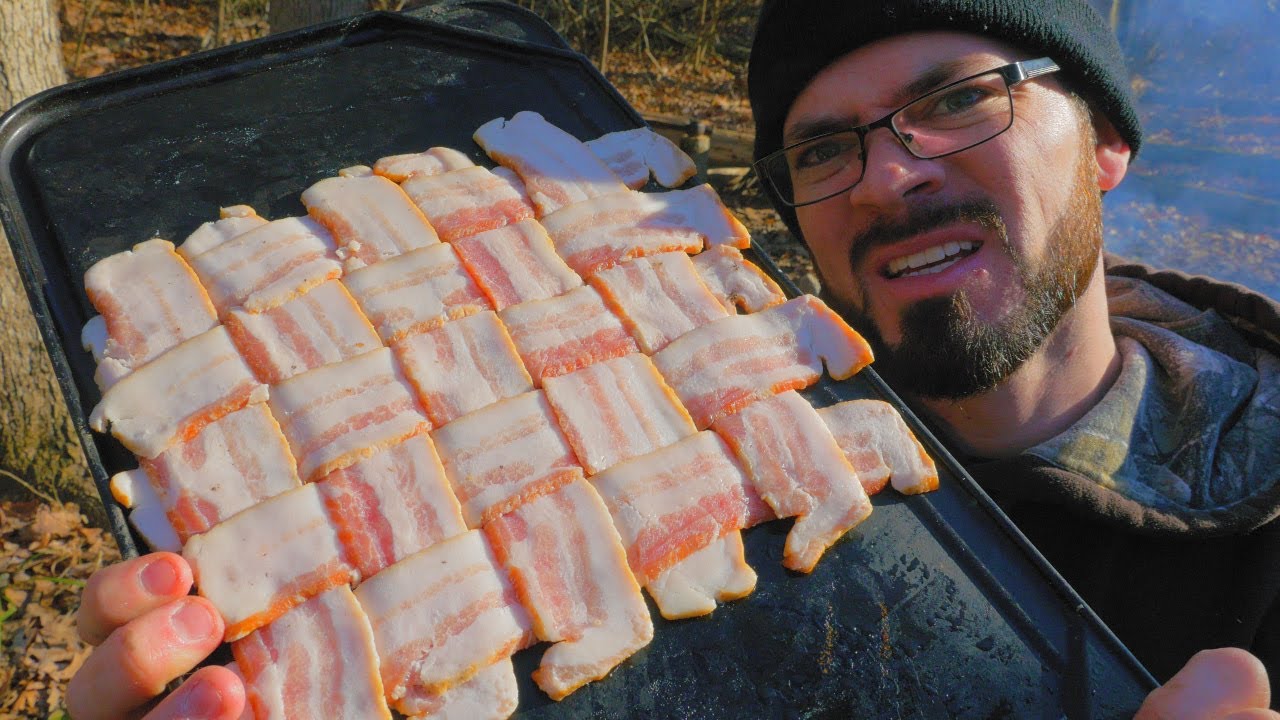 Cooking a Bacon Weaved Breakfast Taco w/ Eggs, Avocado & Peppers Over a Campfire in the Woods