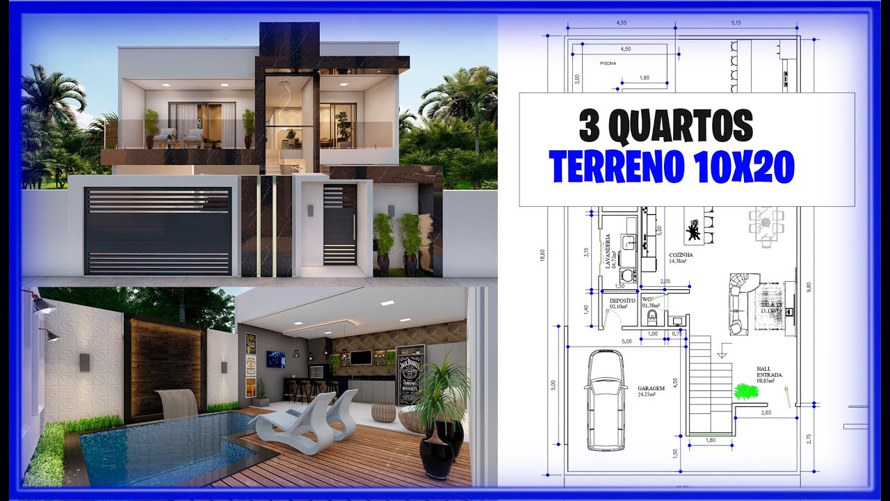 Planta 3D de Uma Casa de Andar com Tr&ecirc;s Quartos, Terreno 10x20 metros