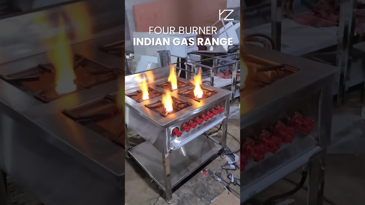 Efficient & Durable 4-Burner Indian Gas Range for Commercial Kitchens! 🔥🍴