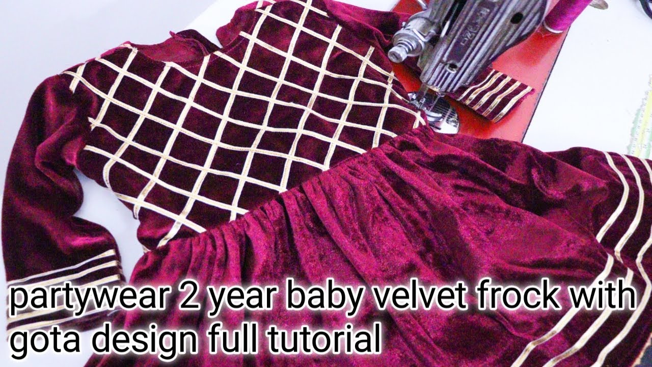 2 year baby velvet frock with gota work cutting and stitching||parywear designer velvet baby frock||