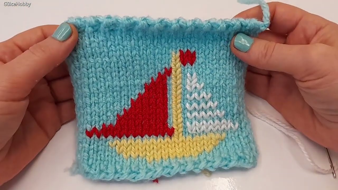Düz örgü üzerine yelkenli tekne işleme, embroidery on knitting, duplicate stitch