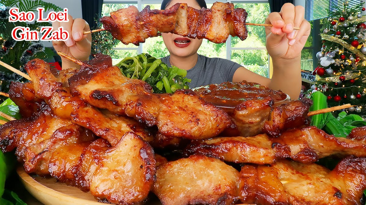 กินหมูปิ้ง ‼️แจ่วปลาร้า พริกสกรู ผักมาเป็นสวนแซ่บๆจ้า