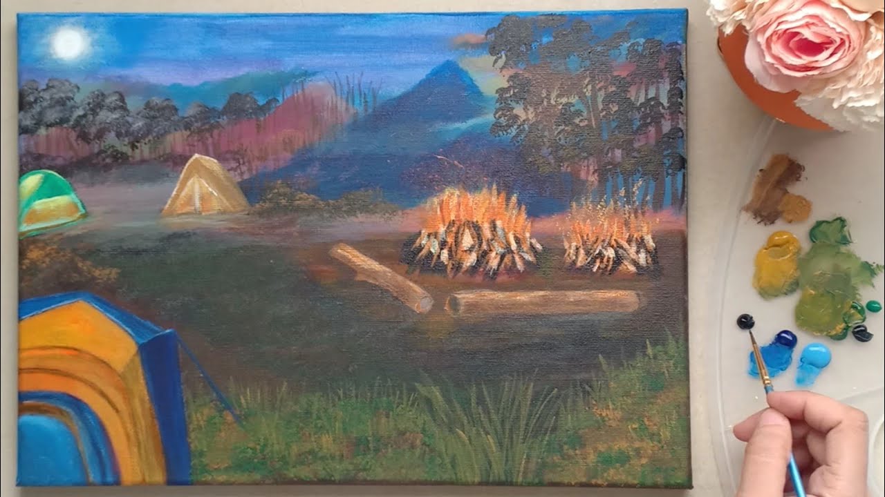 Night camping painting | Easy Acrylic Painting | Campfire