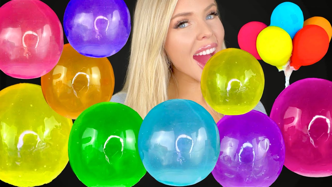 ASMR EDIBLE RAINBOW BALLOON, SUGAR FREE GELATIN BUBBLES, RICE CRISPY MUKBANG 먹방