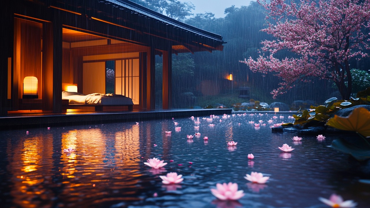 Soft Rain Falling on Floating Lotus Flowers 🌸 | Peaceful Garden Reflections in Lantern Light