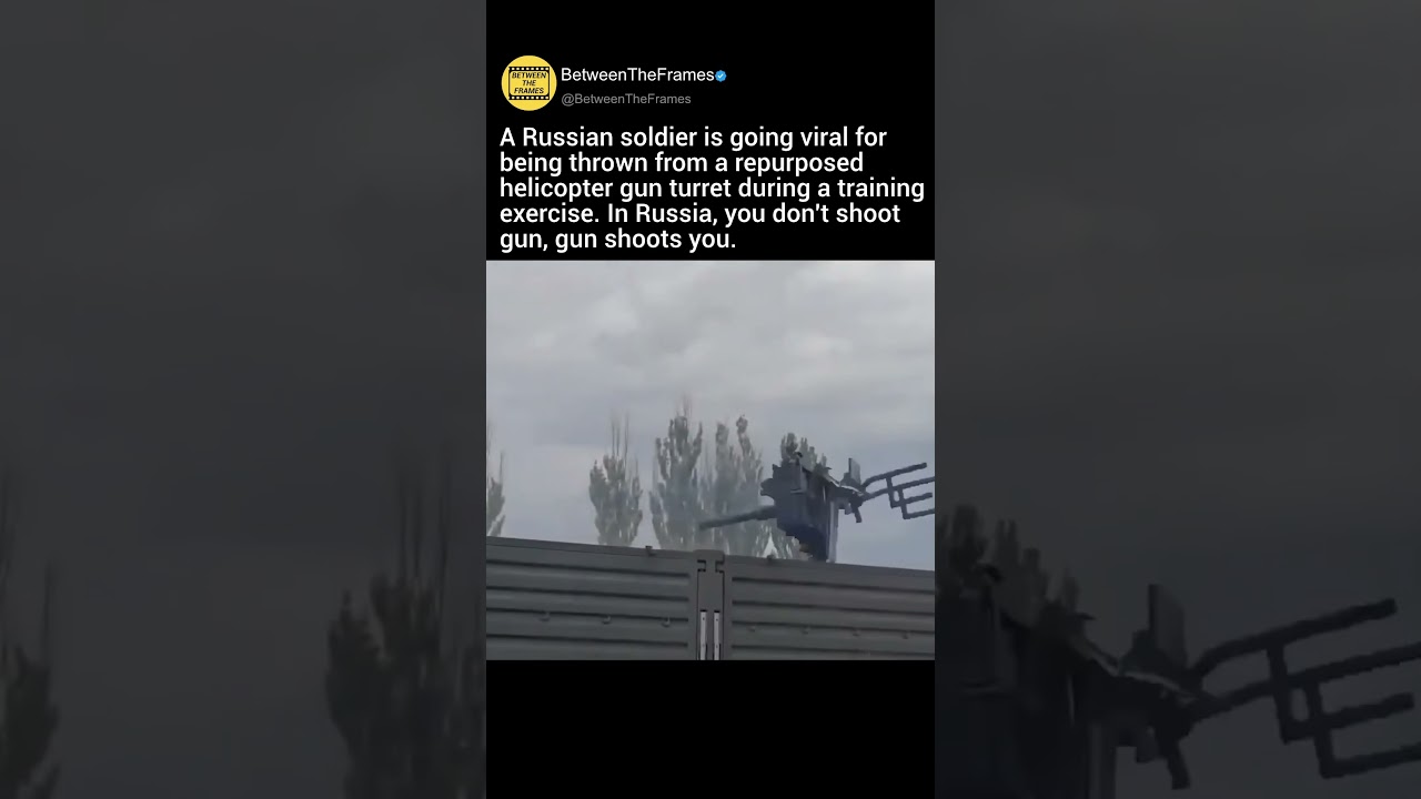 A Russian soldier is going viral for being thrown from a repurposed helicopter gun turret during a