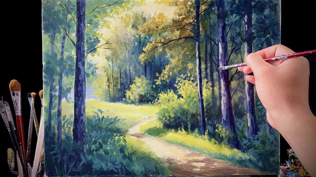 How to Paint a Peaceful Sunlit Forest Path | Relaxing Acrylic Landscape Tutorial