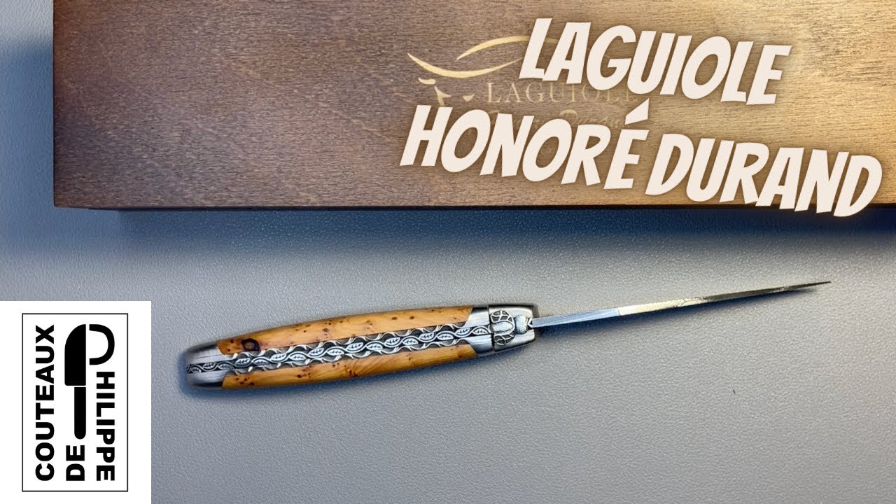 Laguiole Honoré Durand 12cm,lame damas sauvage, double platines, abeille et ressort ciselés burin,