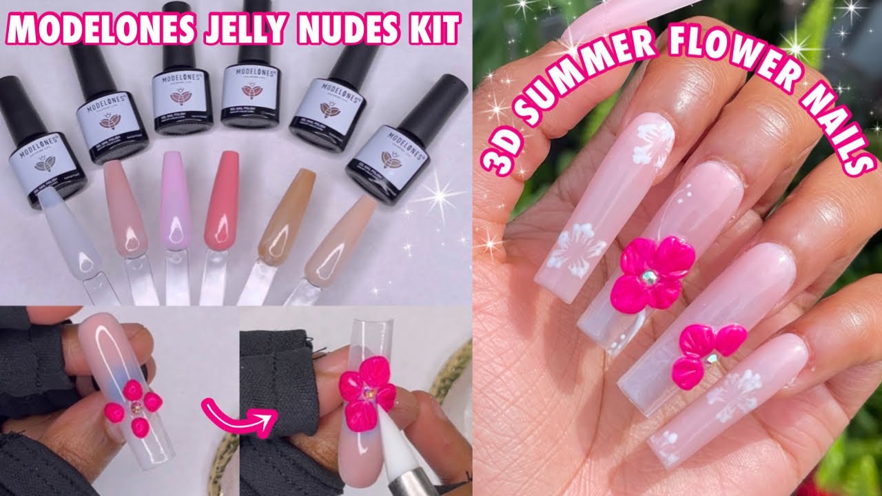 Trying a MODELONES Gel Polish Kit from Amazon | Nude Jelly Polish | Pink Summer 3D Flower Nails