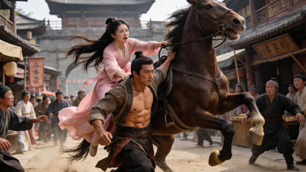 Lady Struggles with a Mad Horse, Facing Danger—In the Nick of Time, an Unremarkable Guy Tames It