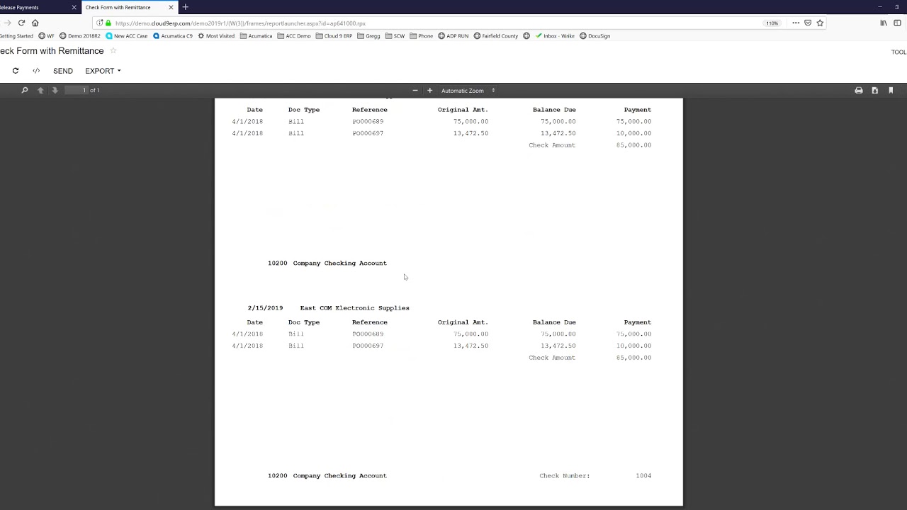 Acumatica - Check payment to vendor