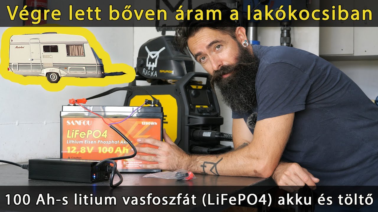 100 Ah LiFePO4 lítium vasfoszfát Sanfou akkumulátor akku és töltő lakókocsiba lakóautóba szigetüzem