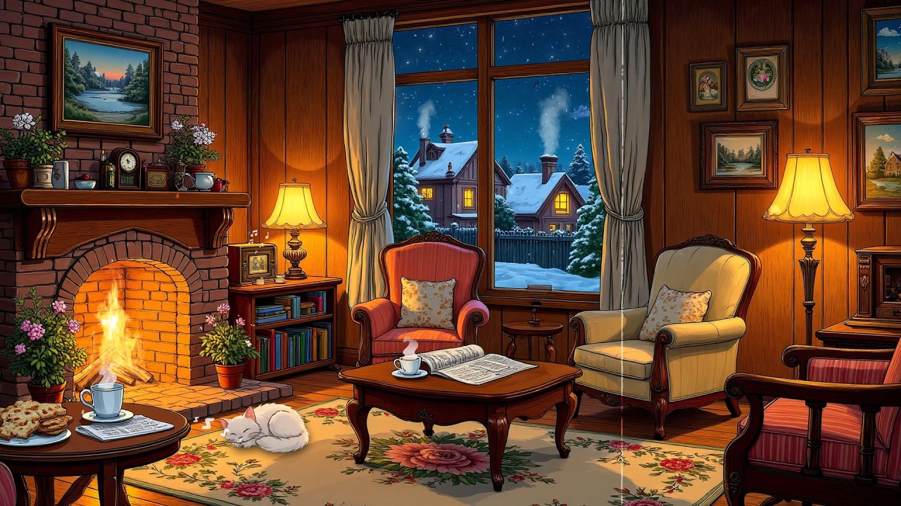 1930's cozy morning in Paris with oldies playing in another room for relaxation and it's snowing