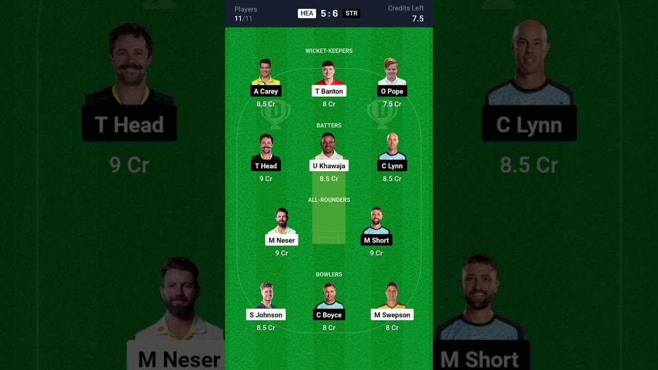 HEA VS STR AUSTRALIA T20 BIG BASH LEAGUE DREAM11 #dream11 #dream11prediction #dream11team #cricket