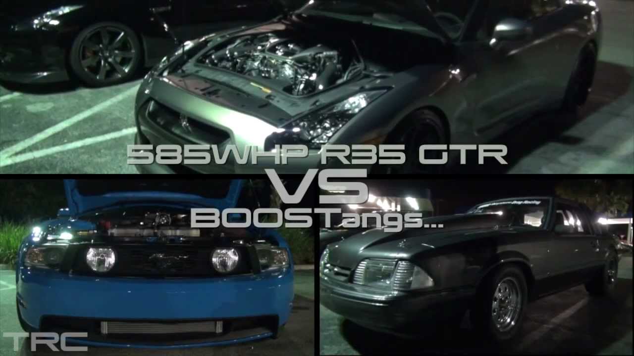 Two Boosted Mustangs battle an R35 GTR