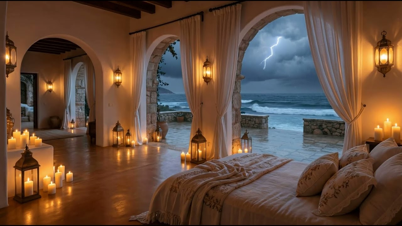 Rainy Night in a Luxury Mediterranean Bedroom | 10 Hours Heavy Rain & Ocean Waves for Sleep