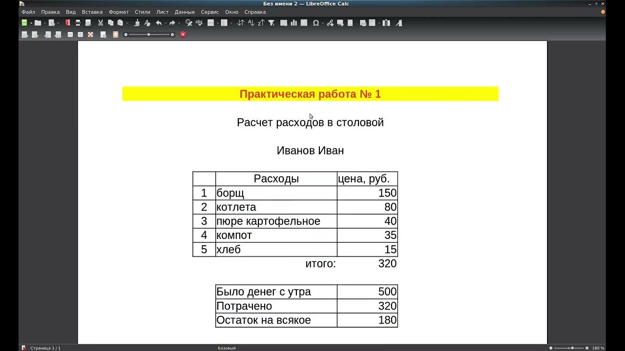 Электронные таблицы LibreOffice Calc. Первая практическая работа.