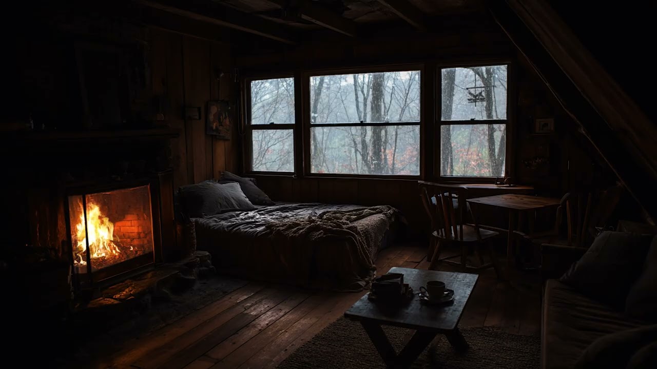 Cozy Wooden Room with Fireplace & Misty Views | Peaceful Sleep and Healing Ambience