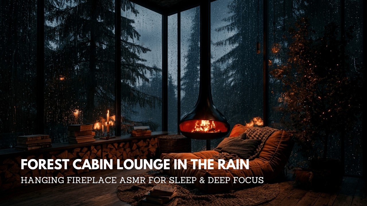 Forest Cabin Lounge in the Rain – Hanging Fireplace ASMR for Sleep & Deep Focus