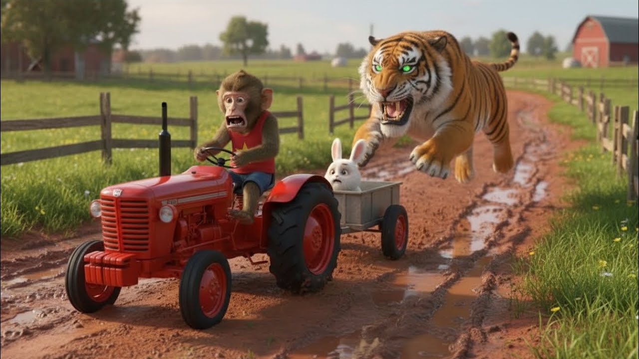 Monkey Macaca Drives Tractor to Rescue a Rabbit from a Hungry Tiger