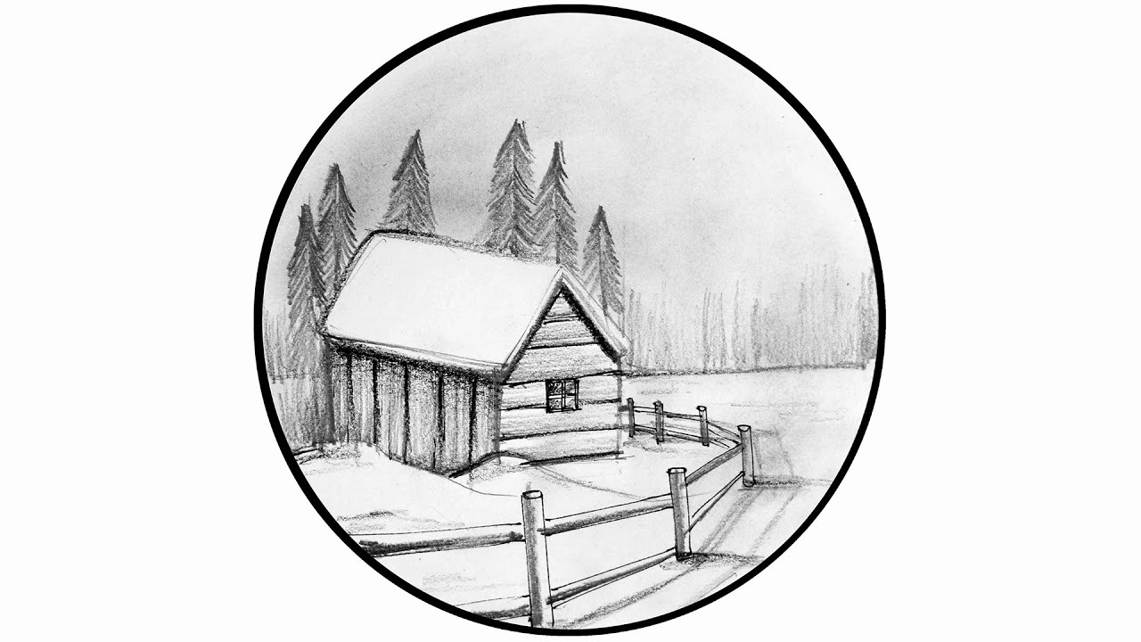 Winter Cabin Pencil Sketch: Serene Snowy Landscape Tutorial