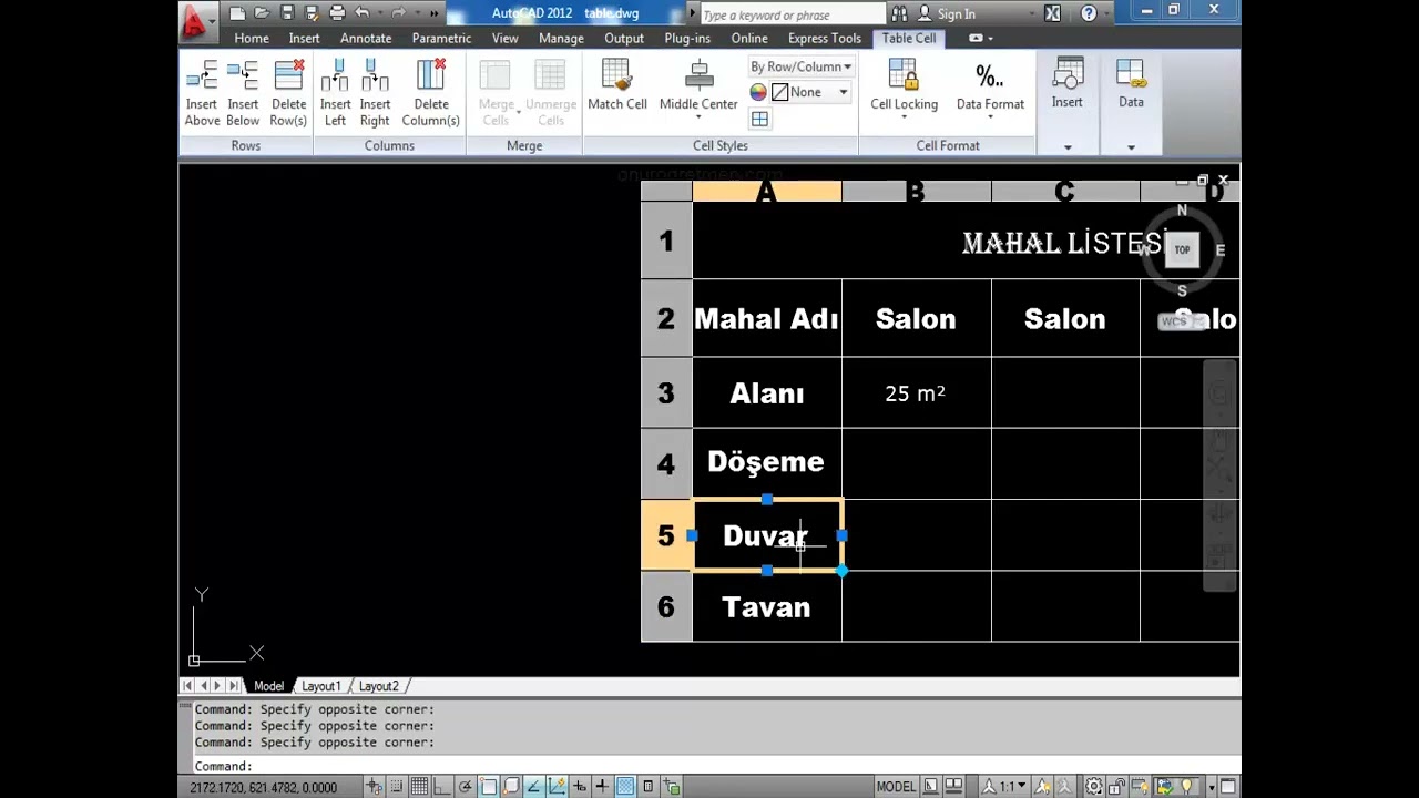 Autocad te tablo table  oluşturma