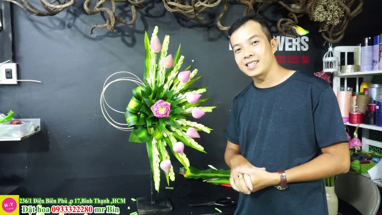 Cách cắm bình hoa Huệ trắng ,Hoa Sen hồng để bàn thờ , 305